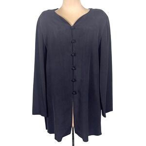 Neiman Marcus 100% Silk Black Long Tunic Jacket Top Size 12 Frog Knot Button Y2K